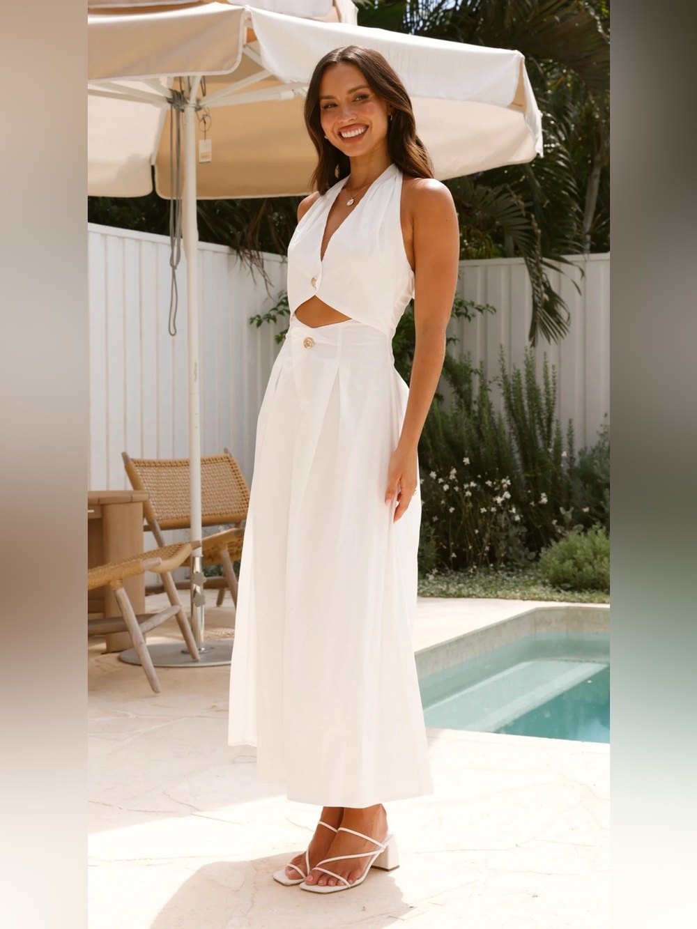 NWT Billy J Wesley Halter Neck Maxi Dress White Cotton Size 6 Pockets - Picture 8 of 13